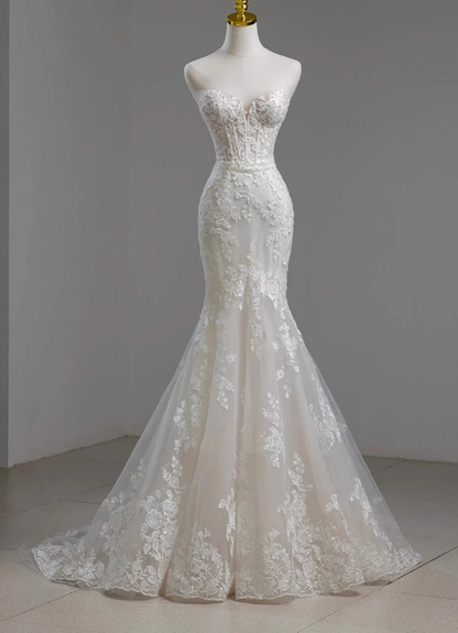 French Lace Strapless Off-shoulder Waisted Fishtail Tulle Wedding Dress with Small Train P2725