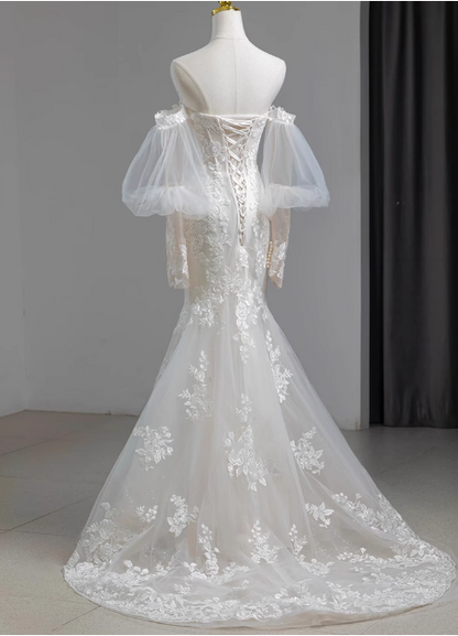 French Lace Strapless Off-shoulder Waisted Fishtail Tulle Wedding Dress with Small Train P2725