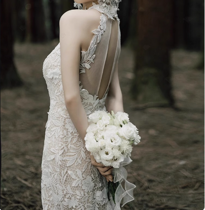 French halterneck retro lace backless white mermaid wedding dress with small train P2728