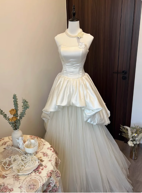 French Strapless Satin Tulle A-Line Wedding Dress with Tie-Back P2732