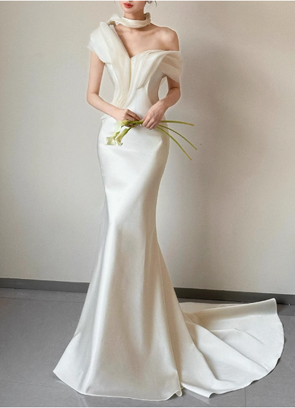 French fishtail white one-shoulder satin wedding dress with small train P2733