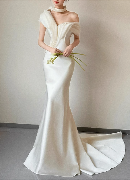 French fishtail white one-shoulder satin wedding dress with small train P2733