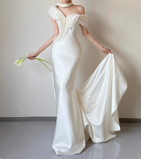 French fishtail white one-shoulder satin wedding dress with small train P2733
