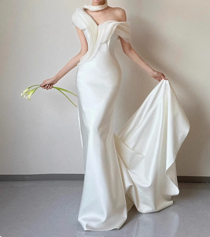 French fishtail white one-shoulder satin wedding dress with small train P2733