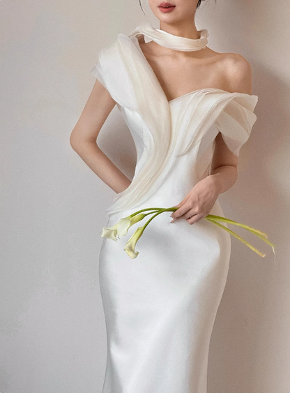 French fishtail white one-shoulder satin wedding dress with small train P2733