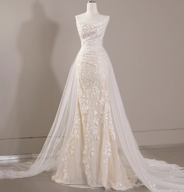 Elegant tube top lace small train mermaid retro wedding dress P2734