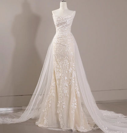 Elegant tube top lace small train mermaid retro wedding dress P2734