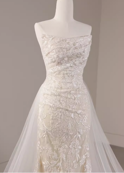 Elegant tube top lace small train mermaid retro wedding dress P2734