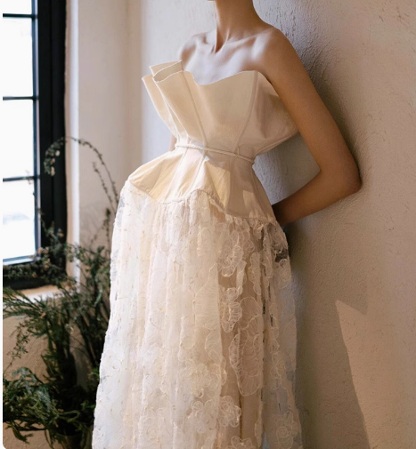 French off-shoulder lace wedding dress with waist P2736