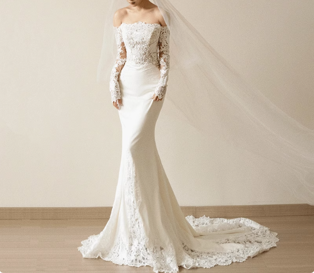 French Simple One Shoulder Long Sleeve Lace Satin Mermaid Wedding Dress P2738