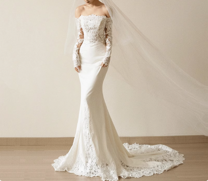 French Simple One Shoulder Long Sleeve Lace Satin Mermaid Wedding Dress P2738