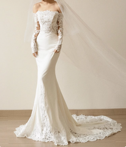 French Simple One Shoulder Long Sleeve Lace Satin Mermaid Wedding Dress P2738