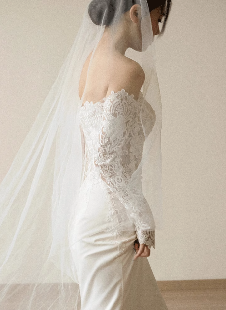 French Simple One Shoulder Long Sleeve Lace Satin Mermaid Wedding Dress P2738