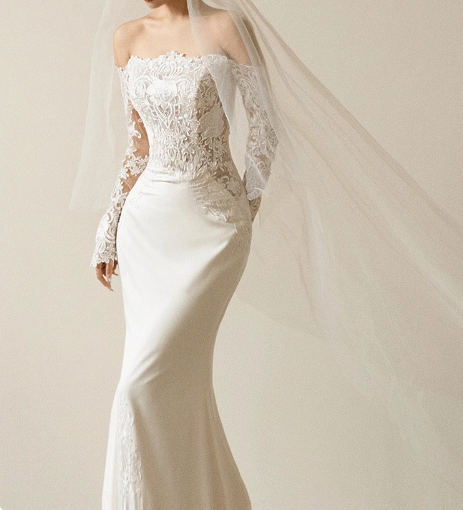 French Simple One Shoulder Long Sleeve Lace Satin Mermaid Wedding Dress P2738