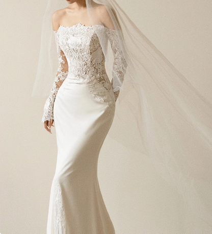 French Simple One Shoulder Long Sleeve Lace Satin Mermaid Wedding Dress P2738