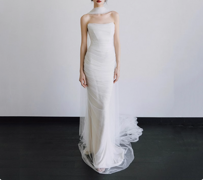 French Strapless Simple Satin White Waisted Fishtail Wedding Dress P2739