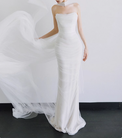 French Strapless Simple Satin White Waisted Fishtail Wedding Dress P2739