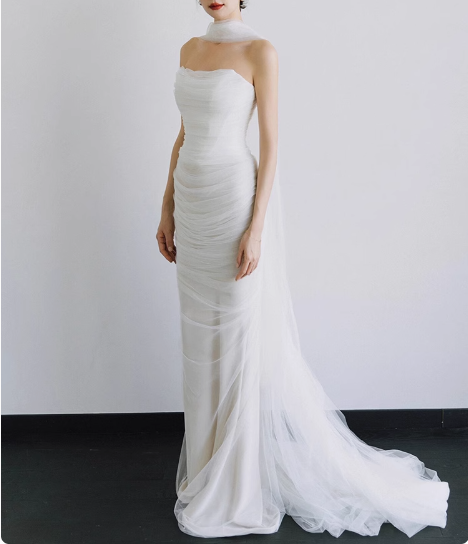 French Strapless Simple Satin White Waisted Fishtail Wedding Dress P2739