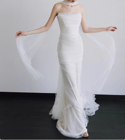 French Strapless Simple Satin White Waisted Fishtail Wedding Dress P2739