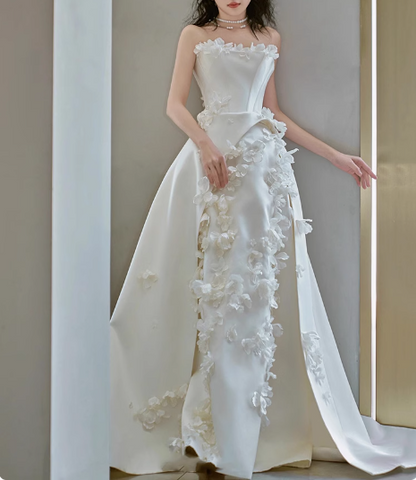 Princess Flower Strapless Satin A-Line White Wedding Dress P2740