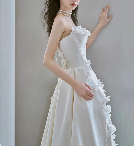 Princess Flower Strapless Satin A-Line White Wedding Dress P2740