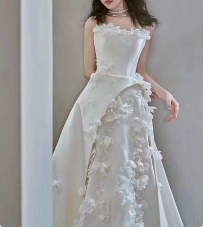 Princess Flower Strapless Satin A-Line White Wedding Dress P2740