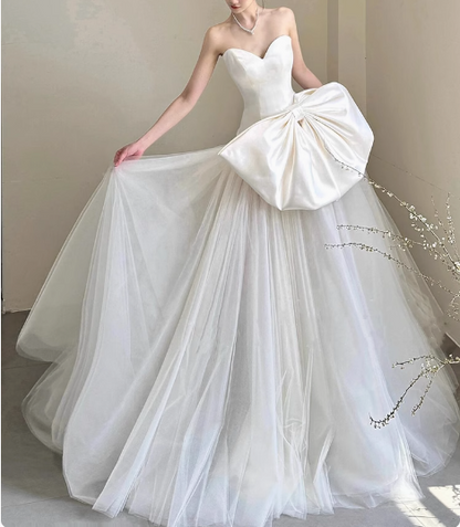 Princess Heart Shaped Neck Tulle Satin Spliced A-line Butterfly Wedding Dress P2741