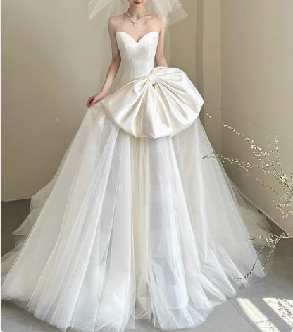 Princess Heart Shaped Neck Tulle Satin Spliced A-line Butterfly Wedding Dress P2741