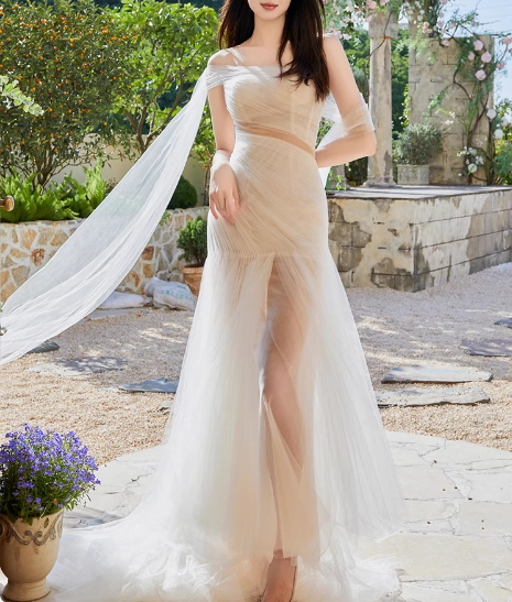 Flowing One Shoulder Strapless Tulle Waisted Mermaid Wedding Dress P2742