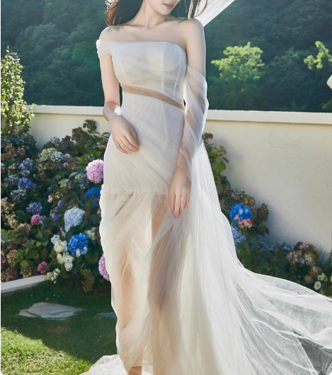 Flowing One Shoulder Strapless Tulle Waisted Mermaid Wedding Dress P2742