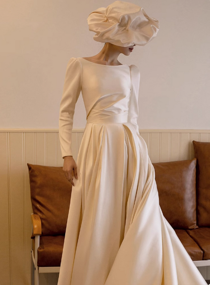Elegant white satin long-sleeved open-back wedding dress with small train P2743