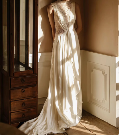 Chic satin heavy pearl necklace sexy backless small train wedding dress P2744