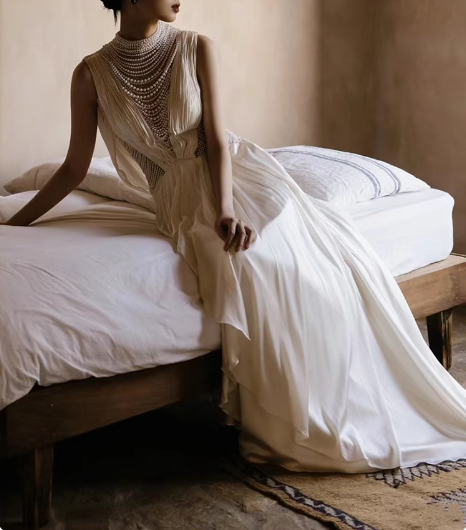 Chic satin heavy pearl necklace sexy backless small train wedding dress P2744