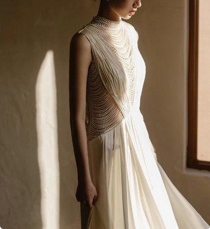 Chic satin heavy pearl necklace sexy backless small train wedding dress P2744