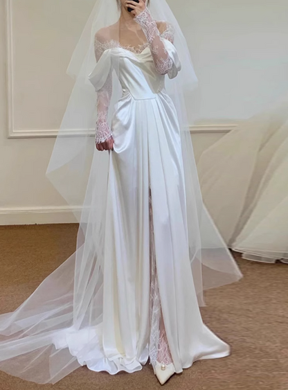 French Retro Lace Satin One Shoulder Small Train Wedding Dress P2745