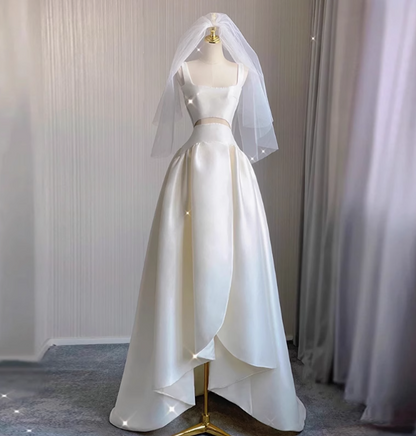 Simple shoulder strap white satin waist hollow high and low A-line wedding dress P2747