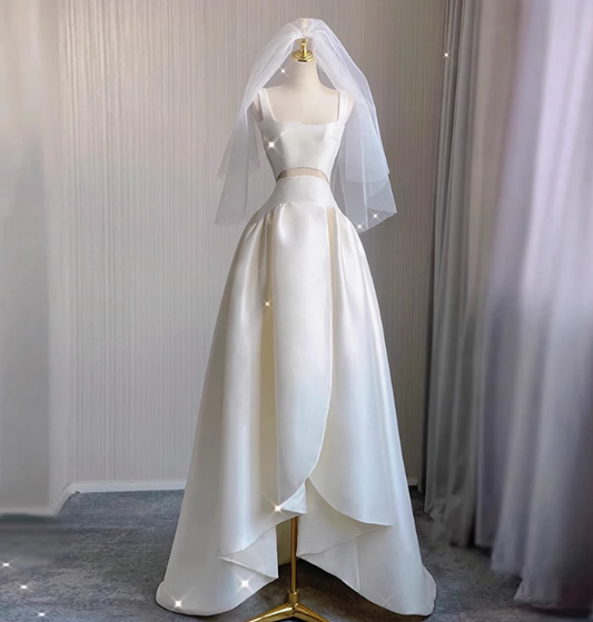 Simple shoulder strap white satin waist hollow high and low A-line wedding dress P2747