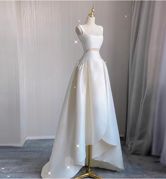 Simple shoulder strap white satin waist hollow high and low A-line wedding dress P2747