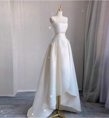 Simple shoulder strap white satin waist hollow high and low A-line wedding dress P2747