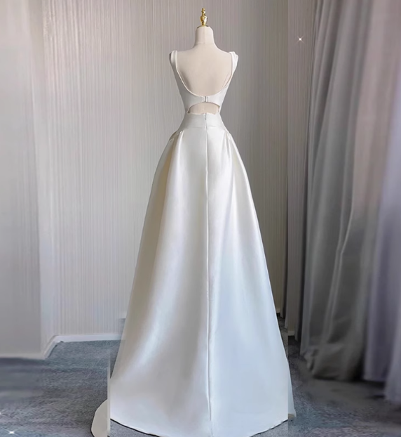Simple shoulder strap white satin waist hollow high and low A-line wedding dress P2747