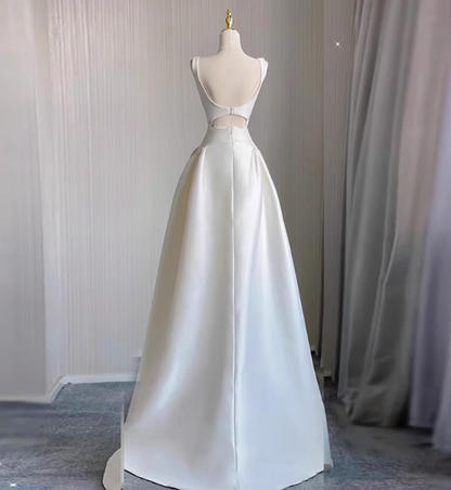 Simple shoulder strap white satin waist hollow high and low A-line wedding dress P2747
