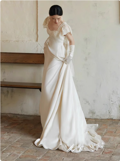 Flowing French Satin Backless Lace Vintage Wedding Dress P2749