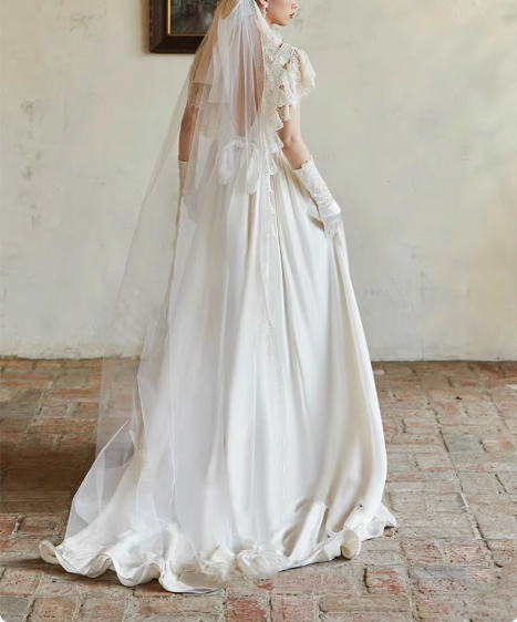 Flowing French Satin Backless Lace Vintage Wedding Dress P2749