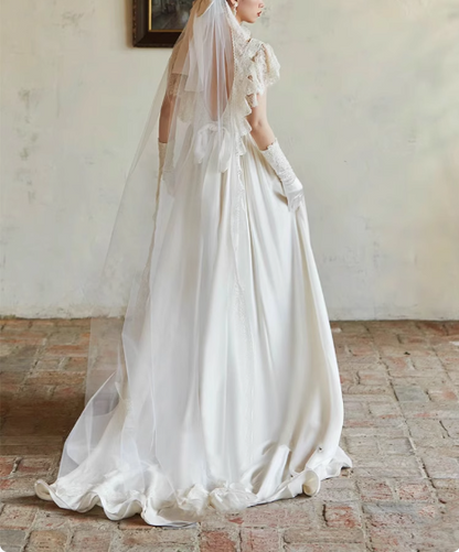 Flowing French Satin Backless Lace Vintage Wedding Dress P2749