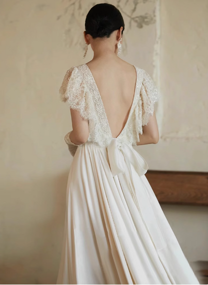 Flowing French Satin Backless Lace Vintage Wedding Dress P2749