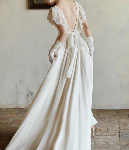 Flowing French Satin Backless Lace Vintage Wedding Dress P2749