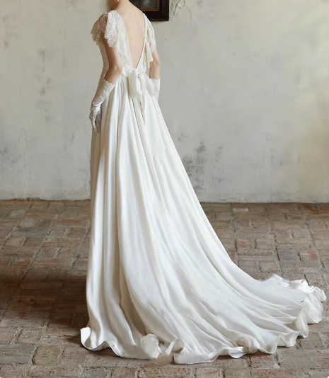 Flowing French Satin Backless Lace Vintage Wedding Dress P2749