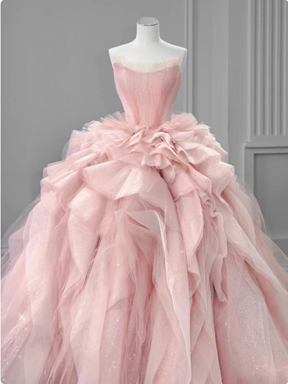 Gentle pink off-the-shoulder A-line tulle layered floor-length wedding dress P2752