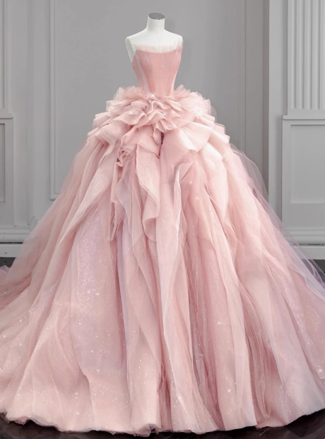 Gentle pink off-the-shoulder A-line tulle layered floor-length wedding dress P2752