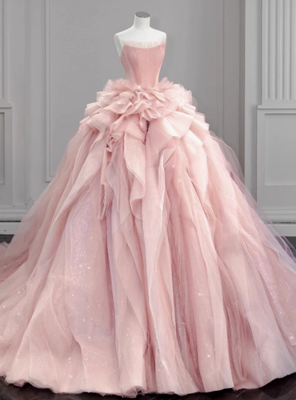 Gentle pink off-the-shoulder A-line tulle layered floor-length wedding dress P2752